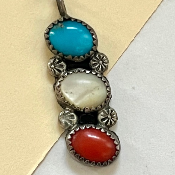 1980s vintage aztec silver turquoise red white stone necklace pendant - Picture 6 of 9
